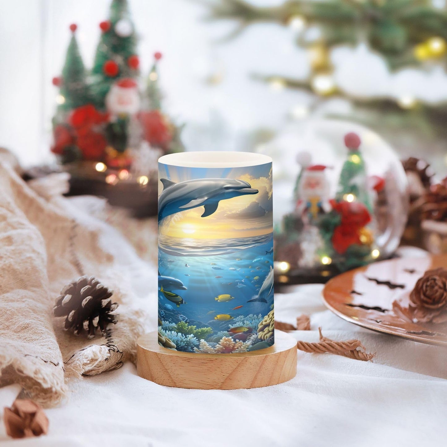 panksolu Flickering Flameless Candles, Sea Leaping Dolphins LED Candles with Remote Timer, Battery Operated Candle for Valentine Wedding Halloween Christmas Decor - Set of 2