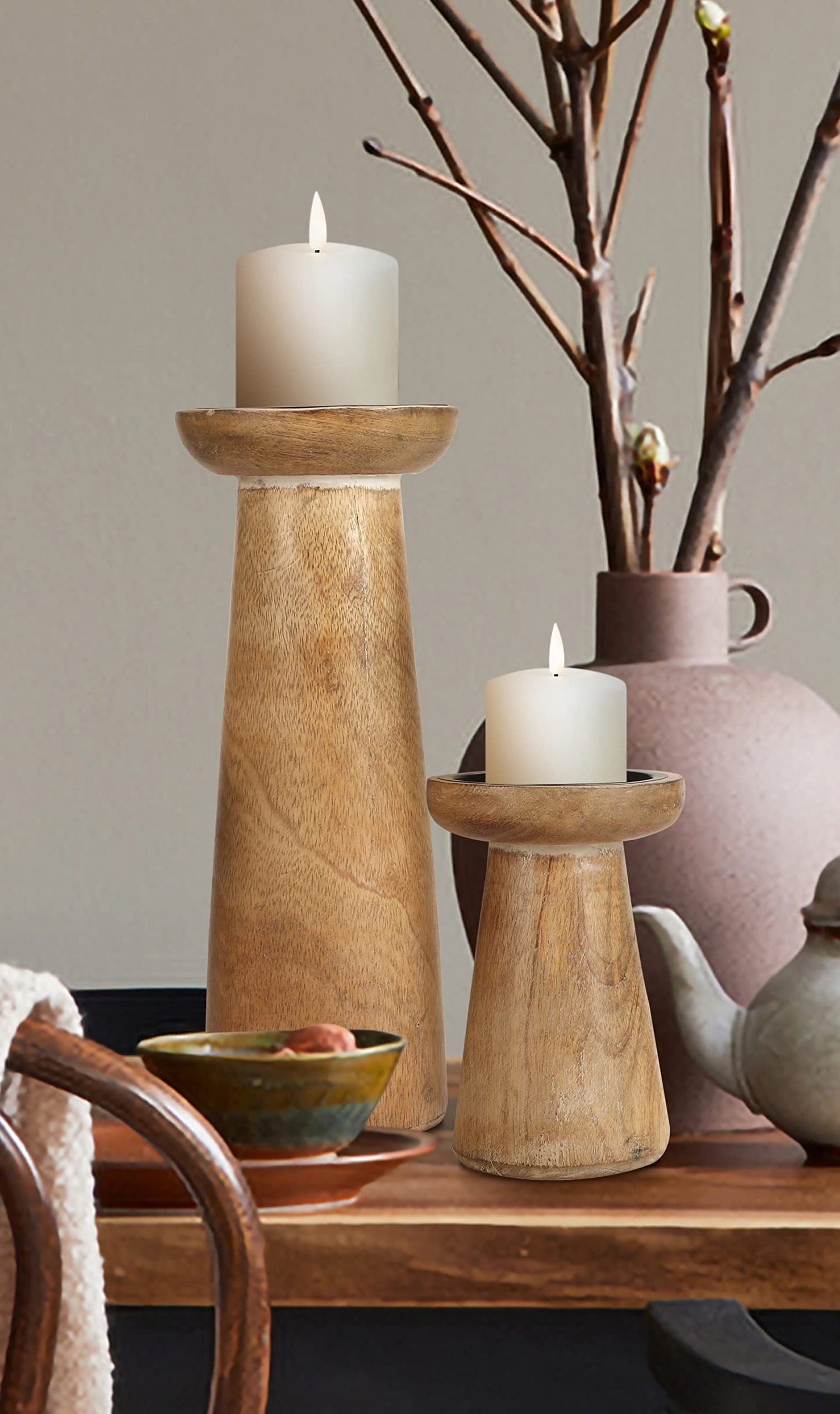 Hand Crafted Wooden Pillar Candle Holder Set of 3, Ideal for LED and Pillar Candle, Gift for Wedding, Christmas, Party, Home, Spa, Reiki, Aromatherapy, Votive Candle Garden - 10,8,6 Inch - White Wash