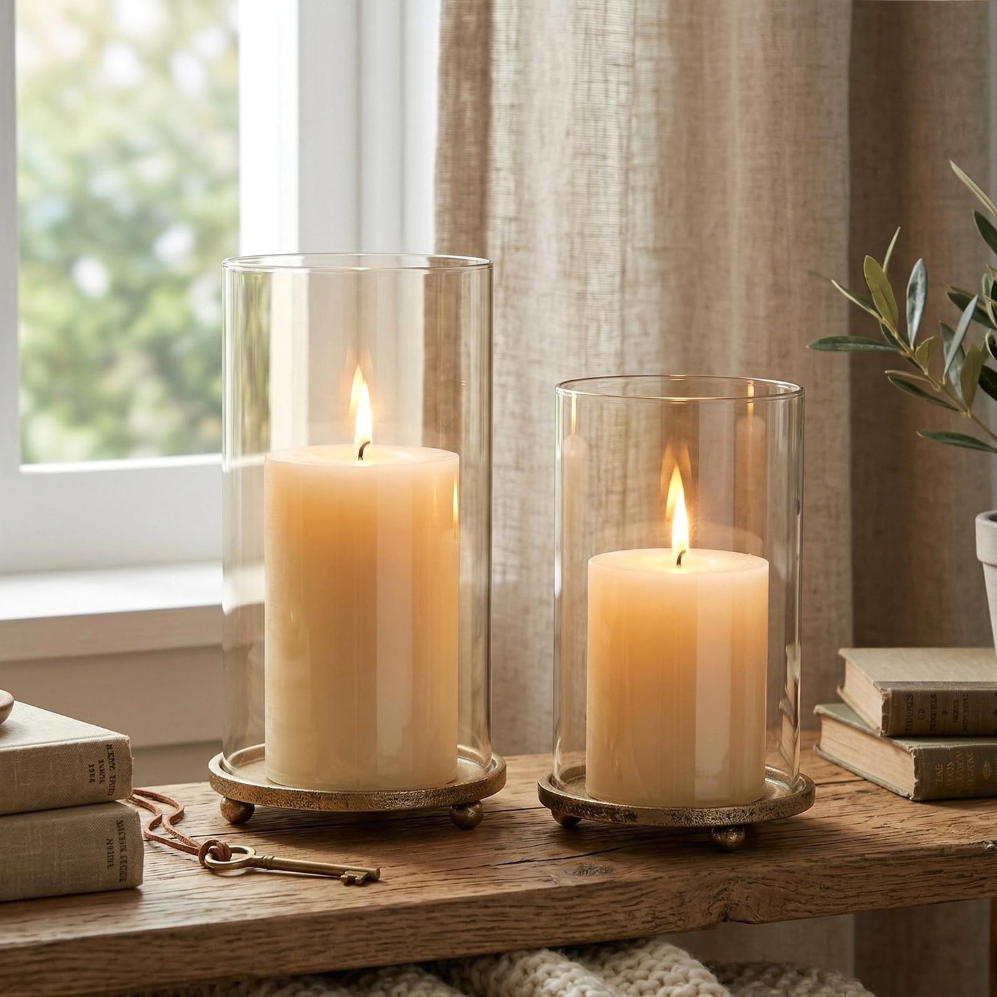 Hurricane Candle Holders Set of 2 - Pillar Candle Stands with Glass Sleeves for Fireplace Mantel & Dining Table Centerpiece Decor (Gold)