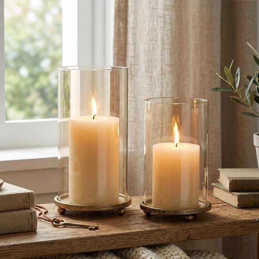 Hurricane Candle Holders Set of 2 - Pillar Candle Stands with Glass Sleeves for Fireplace Mantel & Dining Table Centerpiece Decor (Gold)