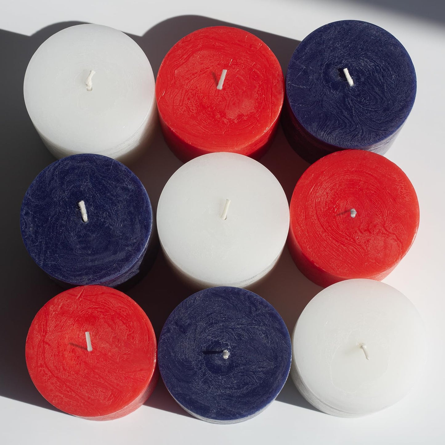 CANDWAX 3x4 Inch Pillar Candles Bundle - 3 White, 3 Dark Blue, 3 Red Candles - Unscented Decorative Candle - 9 Pack