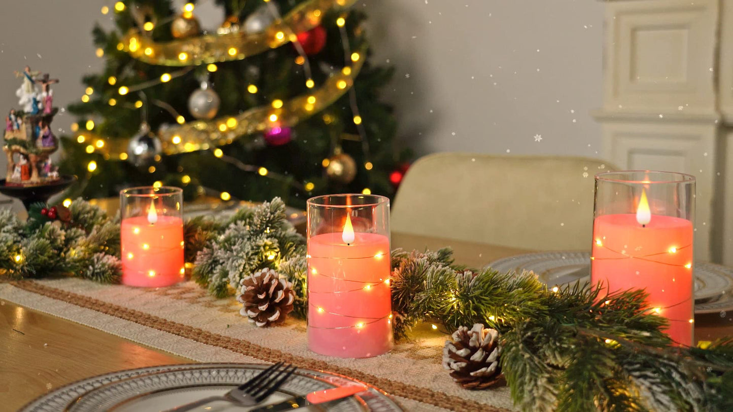 Homemory Flickering Flameless Candles with String Lights, Battery Operated Candles, Embedded String Lights LED Candles, Unbreakable Plexiglass Candle with Remote, Set of 3, Pink