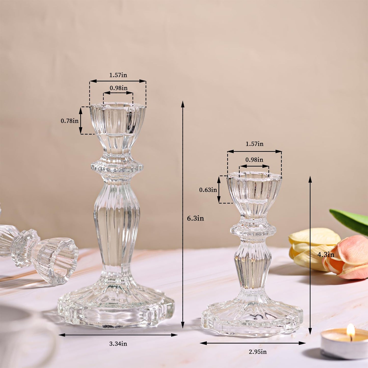 Simeitol Clear Candlestick Holders Set of 6, Taper Candle Holders, 4.3" H & 6.3" H Glass Candle Holder for Candlesticks & Pillar Candles, Crystal Candle Holders for Wedding and Home Decor