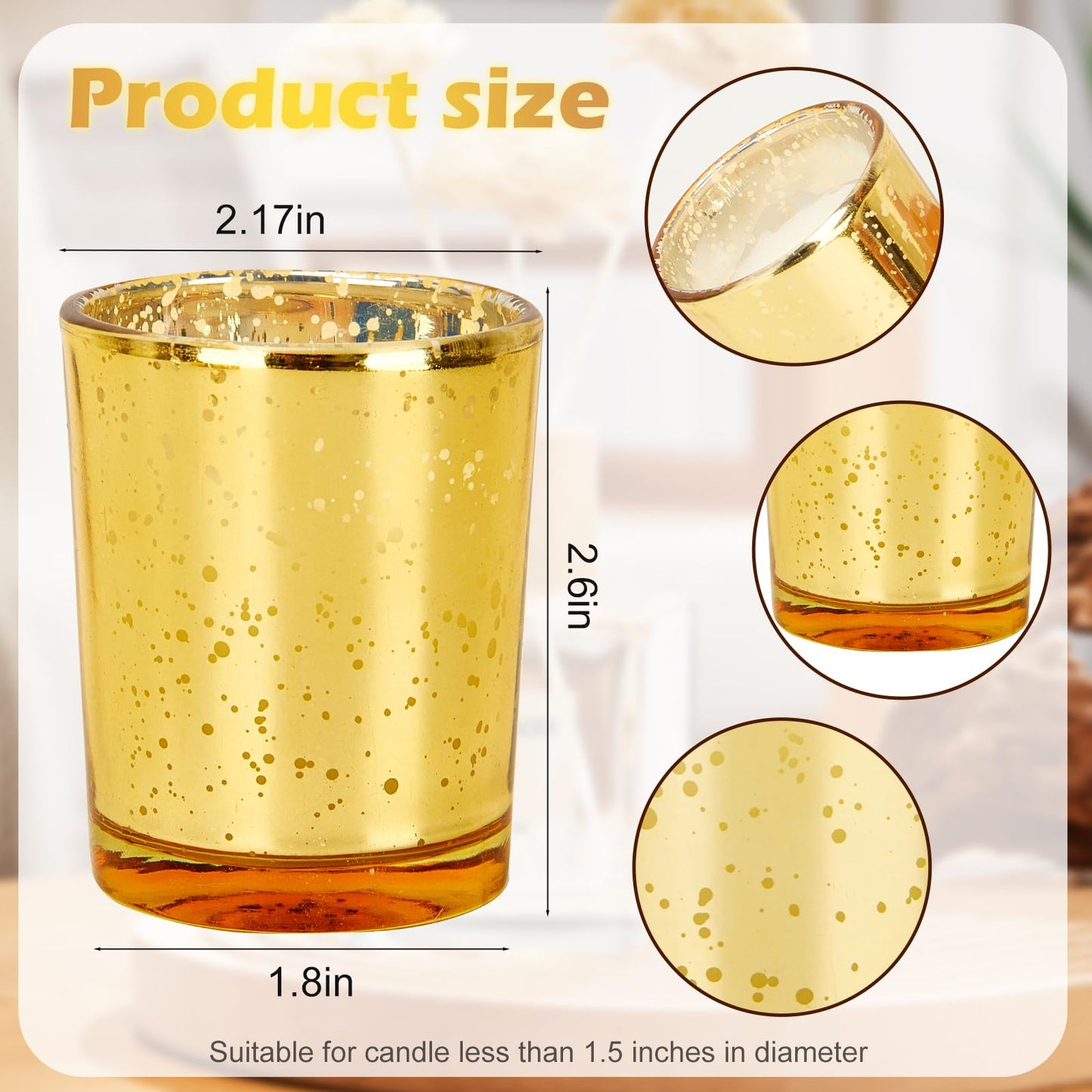 Soft Breeze 24 PCS Speckled Mercury Golden Glass Candle, Unscented Glass Votive Candle, Birthday&Wedding Decorations for Table Home，Anniversary Party Candles,Golden