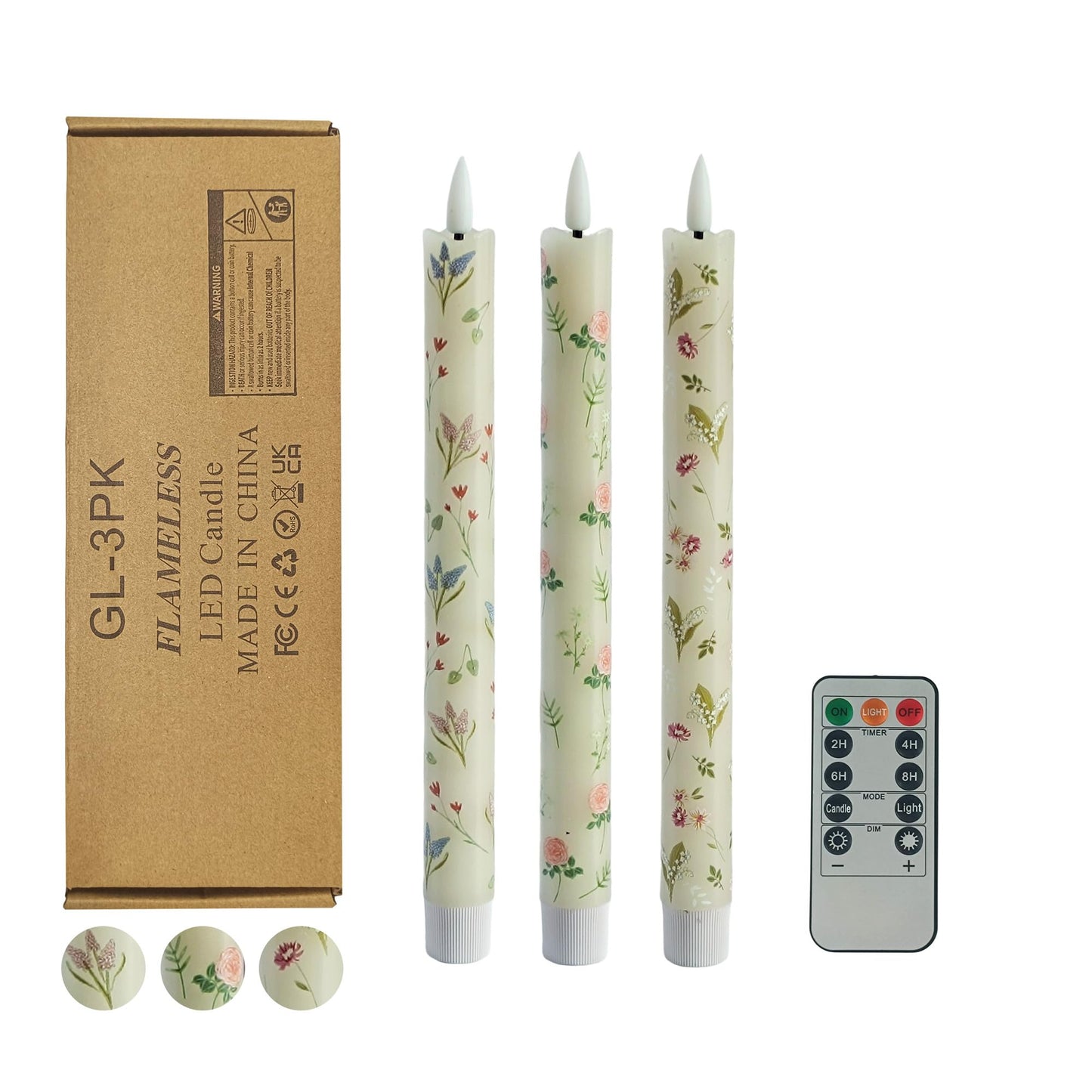 Gedengni Floral Candles Remote Candlesticks-10inches Timer Flickering Battery Operated Candle Chinoiserie LED Taper Candles Lights for Home Wedding Tea Party Windows Decor,3PCS-RFL