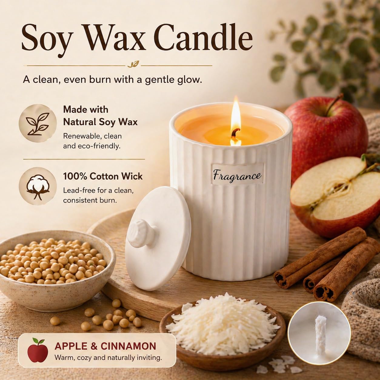 Viyffo Apple Cinnamon Holiday Scented Candle for Women & Men, Non Toxic Soy Candle in Matte White Ceramic Jar with Gift Box Perfect for Winter Gift & Home Decor