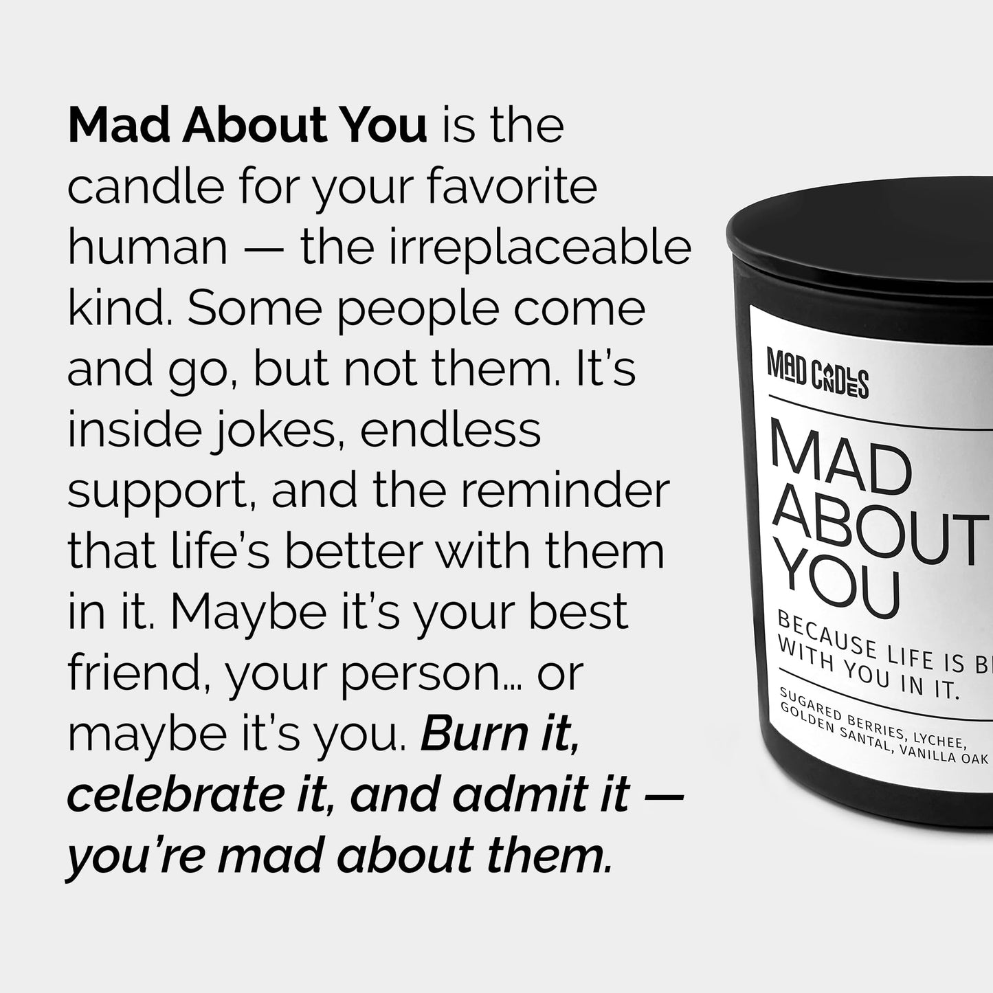 Mad Candles – Mad About You | Luxury Scented Candle for Bedroom & Living Room Décor | 9.5oz Coconut Soy Wax | Non Toxic | Long Burn Candle Jar for Home Fragrance & Valentine's Day Gift