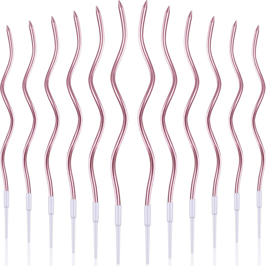 BBTO 12 Pcs Twisted Birthday Candles Spiral Metallic Cupcake Thin Long Cake Candles with Holders for Birthday Wedding Party(Rose Gold)