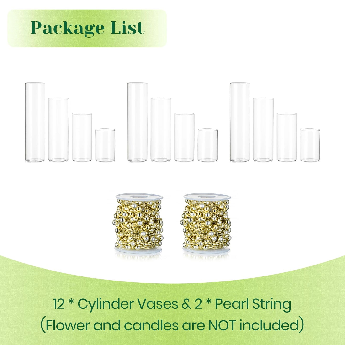 Hewory Glass Cylinder Vases for Centerpieces: Set of 12 Clear Hurricane Vase Bulk with Pearl String for Wedding Table Birthday Party Decoration - Tall Candle Holders for Floating Candle Bouquet