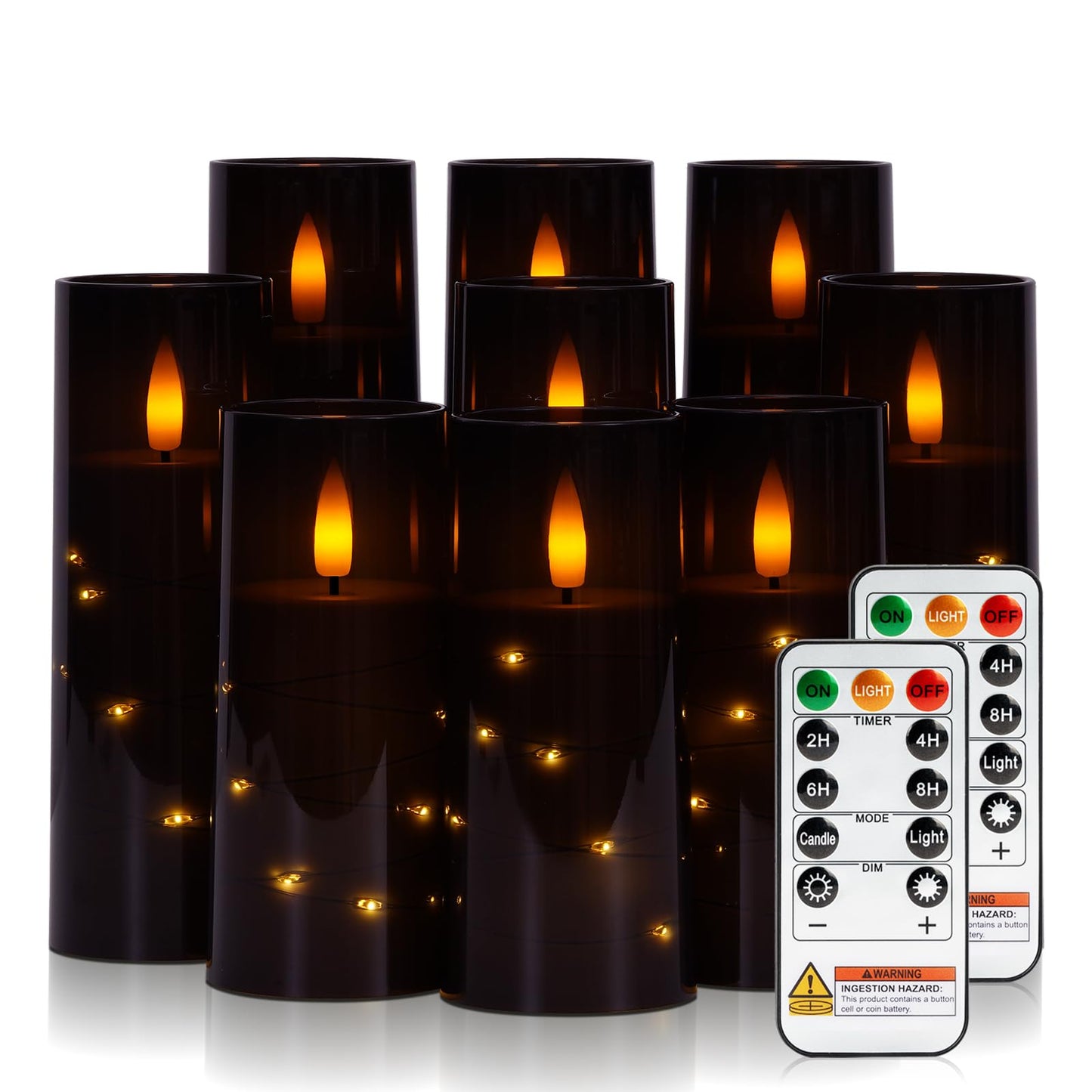 Raycare Flameless Candle with Remote Timer – 9 Flickering Acrylic Battery Operated LED Pillar Candles with Embedded Star String for Halloween, Home Decor, and as a Gift (Black)