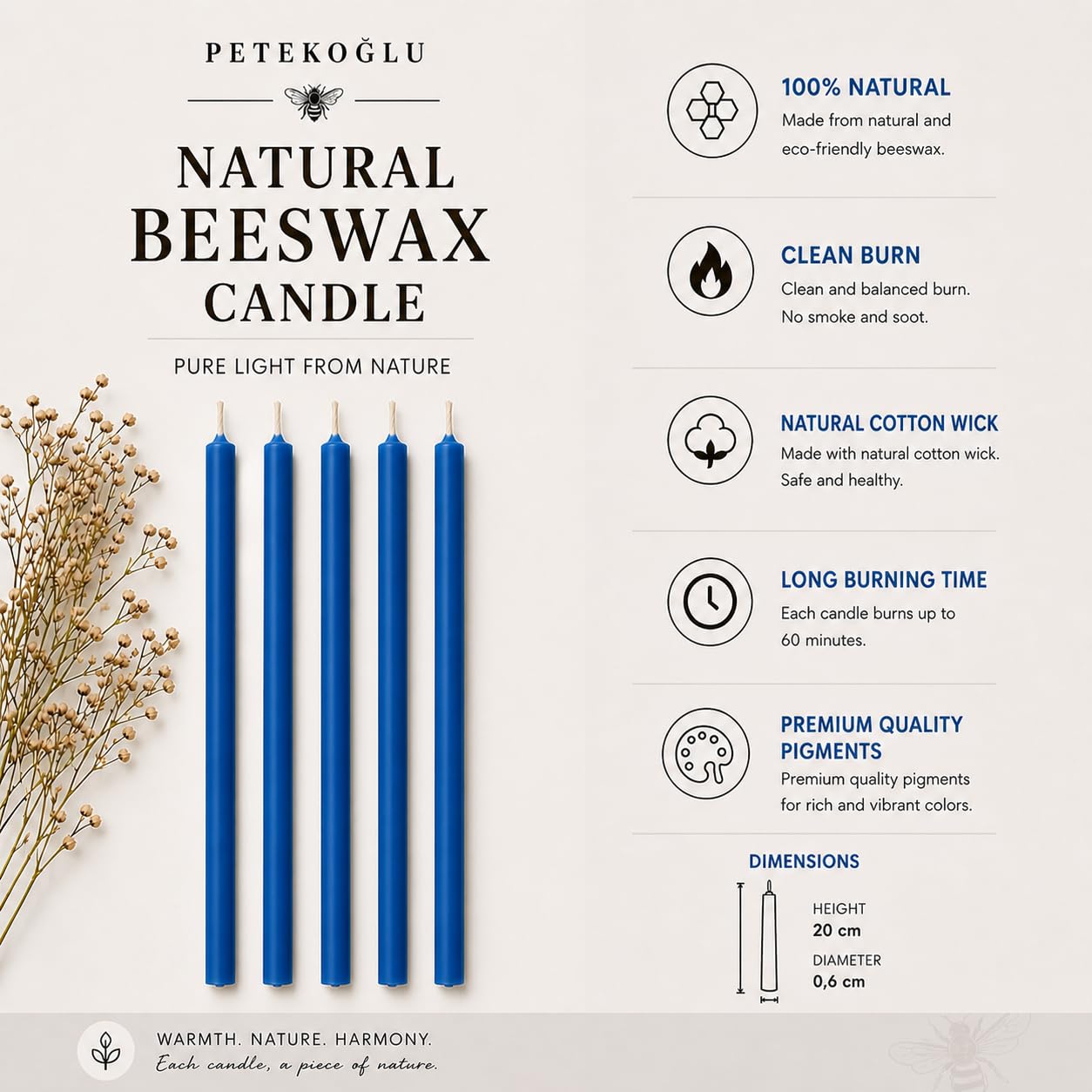 Petekoğlu 15-Pack Beeswax Wish Candles – Handcrafted, Drip-Free, Smoke-Free Slim Taper Candles for Rituals, Meditation, Birthday & Home Décor – Natural Honey Scent 7.87” x 0.24” (Deep Blue)
