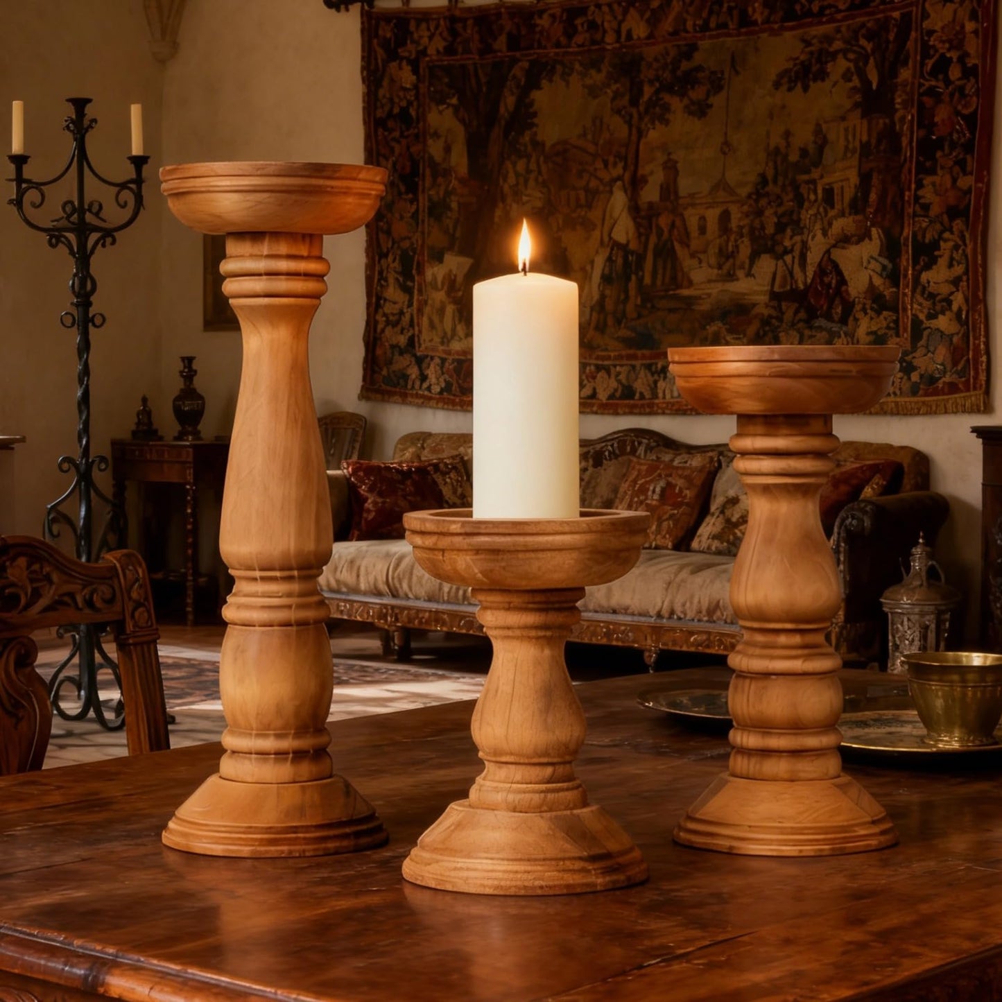 3 Pcs Pillar Candle Holders Set, Rustic Wood Candle Holders with Walnut Finish, Varying Heights, Wooden Pillar Candle Holders for Fireplace, Table Centerpieces, Home Decor