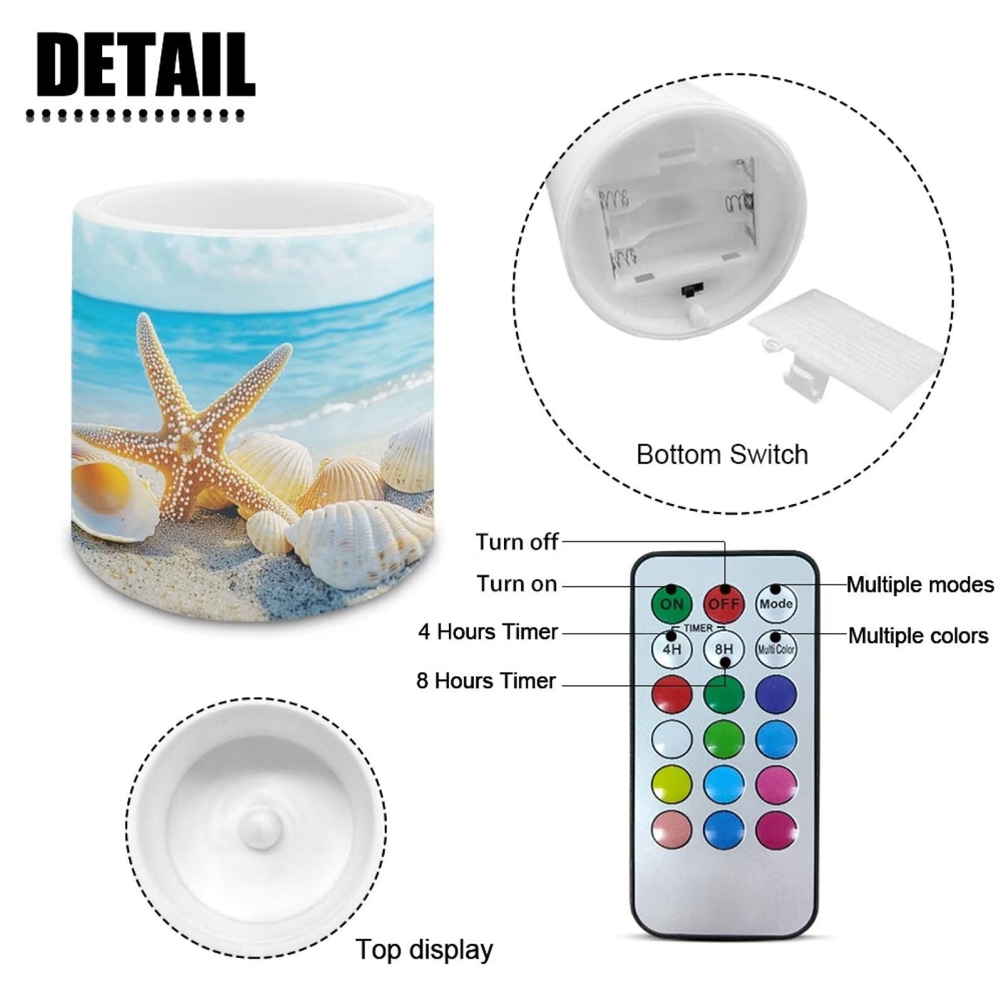 Merkmak 4 Pack Flickering Flameless Candles with Remote and Timer Control LED Pillar Tea Lights for Coastal Theme Home Decorations Battery Operated Candles, Shell Starfish