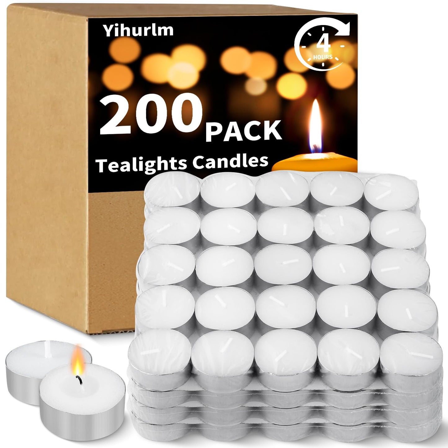 Yihurlm 200 Pack Tea Lights Candles Bulk,4 Hours Burning Long Time, Unscented White Tealight Candles, Smokeless Tea Lights for Home Weddings Shabbat Emergencies