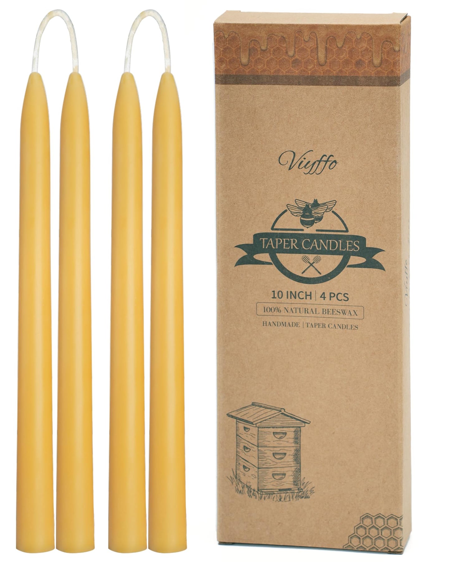 Viyffo 10 Inch Pure Beeswax Taper Candles, 4 Pack Handcrafted Dripless & Smokeless Long Burning Unscented Candles, 9 Hour Burn for Dinner, Wedding, Home, Prayer Decor