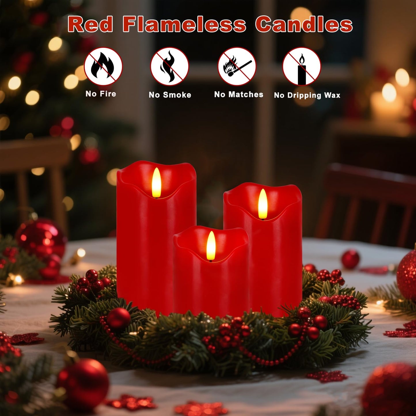 VEEKI Flameless Candles Lights, Set of 3 Flickering LED Candles with Remote & Timer, Dimmable Real Wax Electric Pillar Candles Battery Operated, Red Candles for Home Christmas Decor (Red)