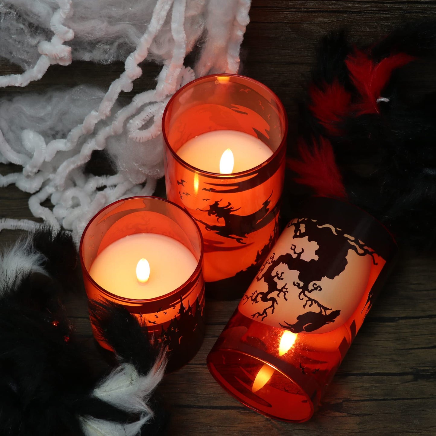 DRomance Witch Glass Flameless Candles with Remote and Timer, Battery Operated Realistic 3D Wick Flickering Real Wax LED Candles Halloween Window Table Holiday Dinner Decor Gifts(3 x 4,5,6 Inches)