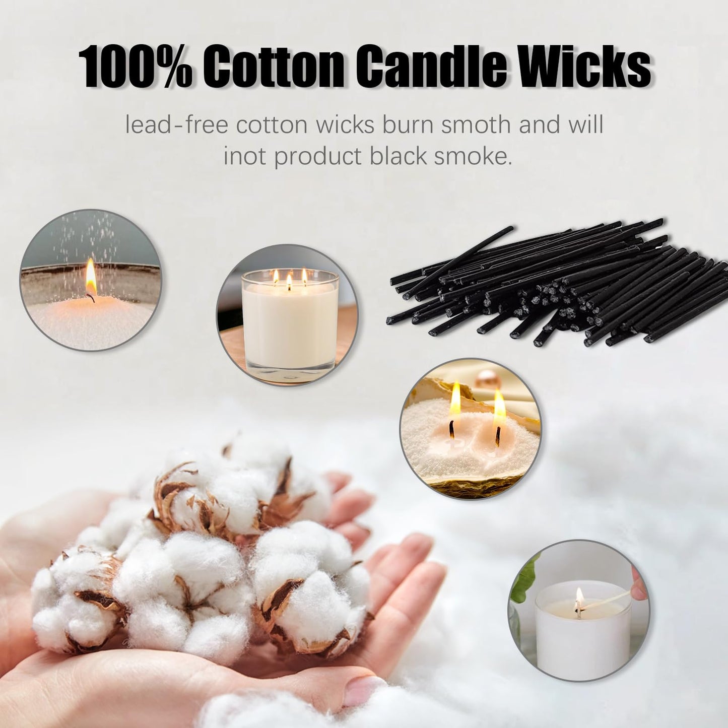 Pearled Candle Cotton Wicks 100-Pack for Sand Candles Making - 2Inch Metal-Free and Lead-Free Refill Sand Wax Wick for Candle Making DIY (Black)