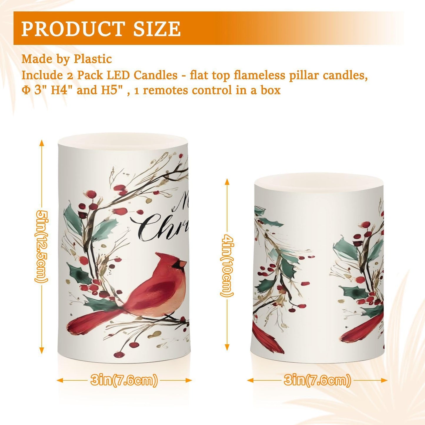 ALAZA Xmas Wreath Cardinals Red Bird Flameless Candles Flickering LED Candles with Remote Timer Battery Operated Pillar Candles Set of 2 for Dinner Holiday Decor