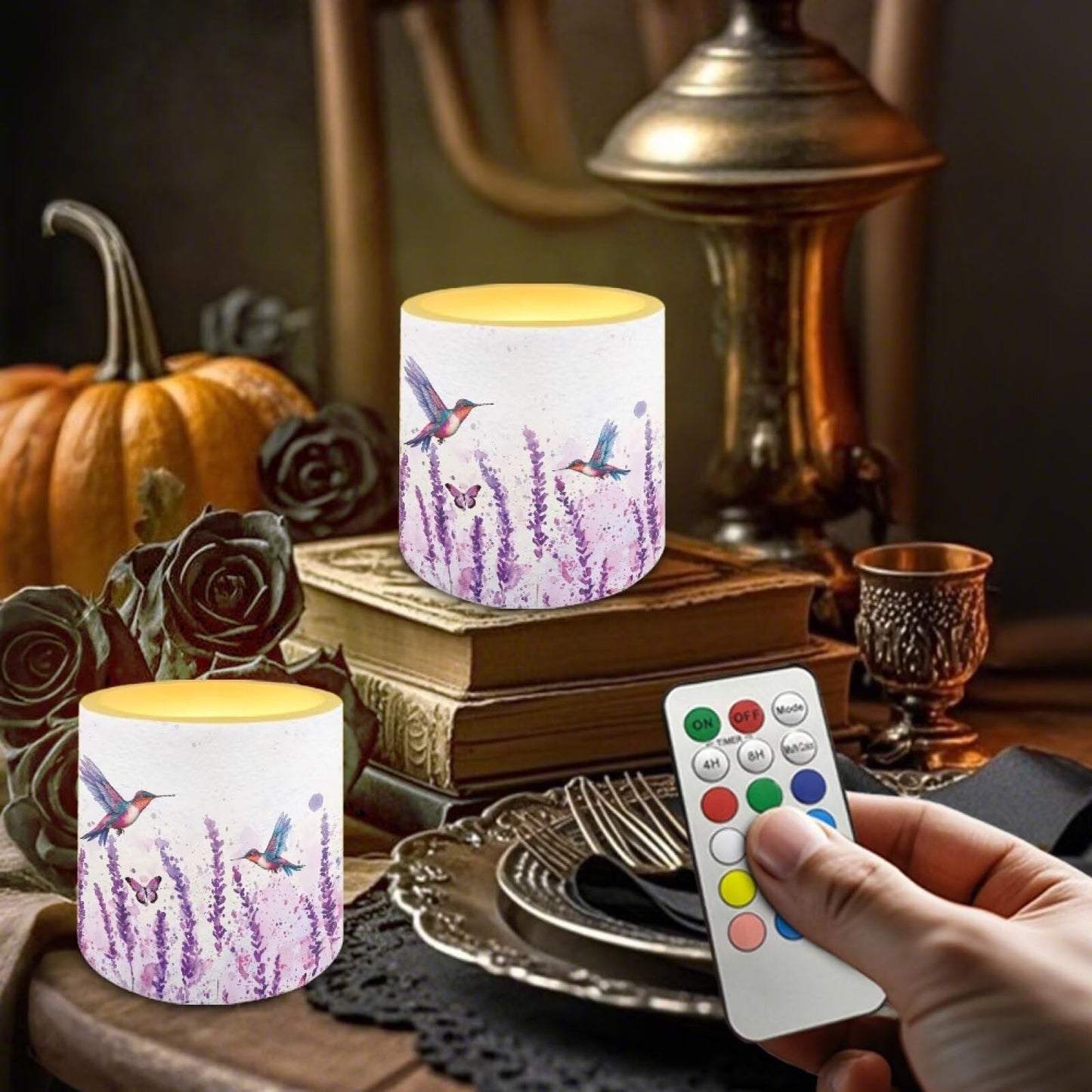Cozeyat Purple Lavender Floral Premium Waterproof Flameless Candles Set of 4 Battery Powered LED Pillar Candles with Remote Timer for Indoor Outdoor All Weather Use