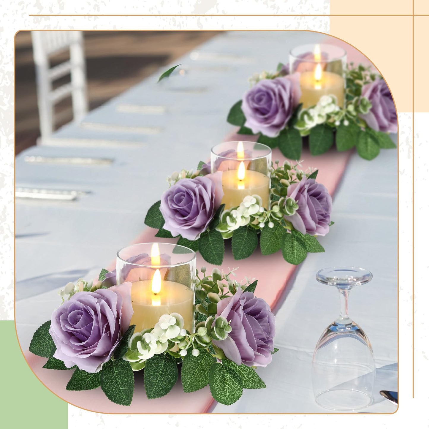 Yunlly 32 Pcs Rose Candle Rings with Flameless Candles Sets, Artificial Flower Eucalyptus Wedding Centerpiece 3 Inch Pillar Candleholders Wreaths for Wedding Party Mother's Day (Purple)