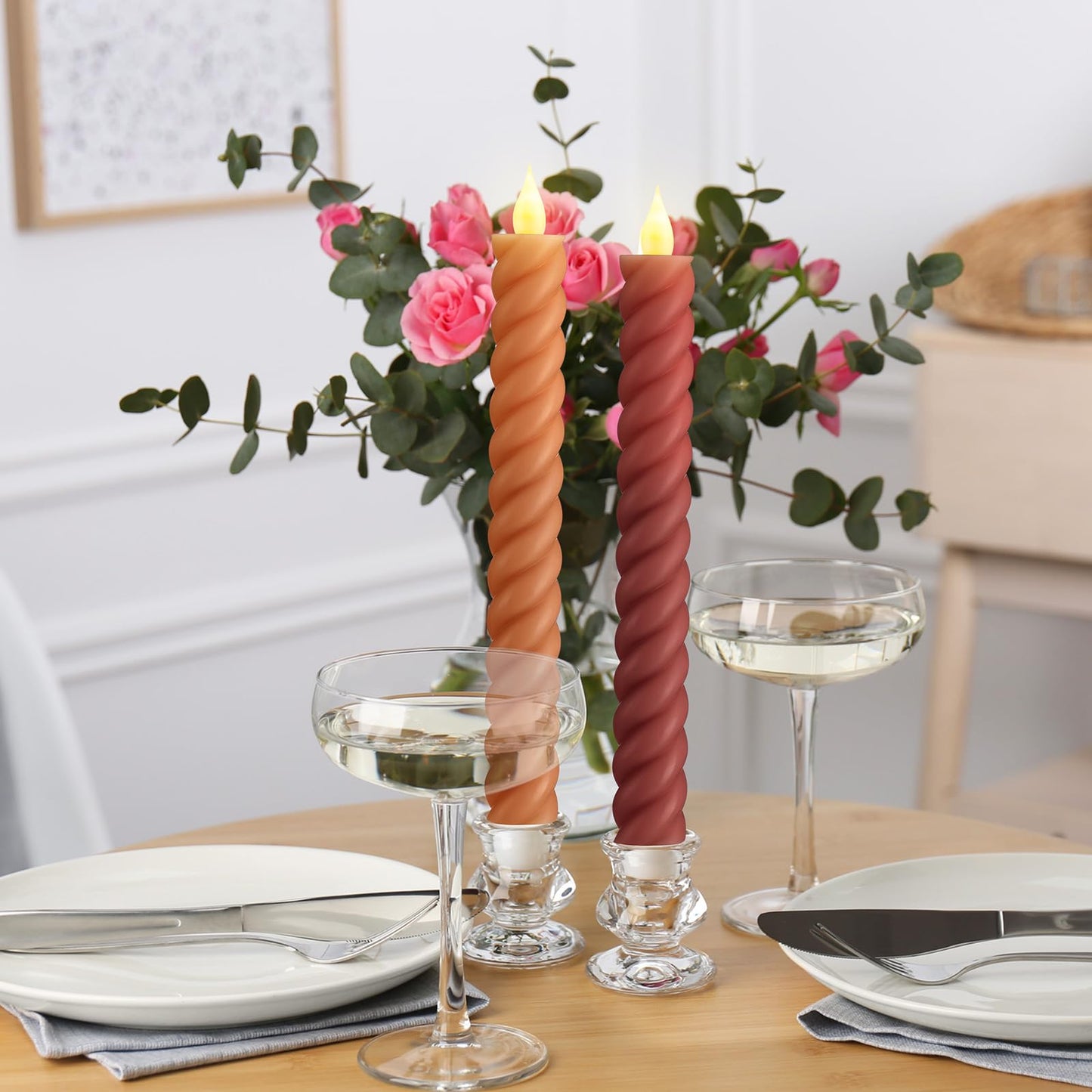 Baquler 6 Pcs Fall Flameless Taper Candle Twisted LED 9.65 Inch Fall Taper Candles Battery Operated Twisted Candlesticks for Thanksgiving Harvest Wedding Birthday Home Party Dinner Fireplace Decor