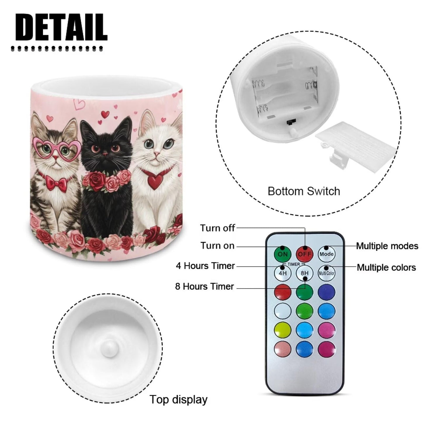 Merkmak 4Pcs LED Candles Bulk Flickering Flameless Candles with Remote and Timer Floral Cat Battery Operated Pillar Tea Lights for Valentines Day Banquet Wedding Home Decorations