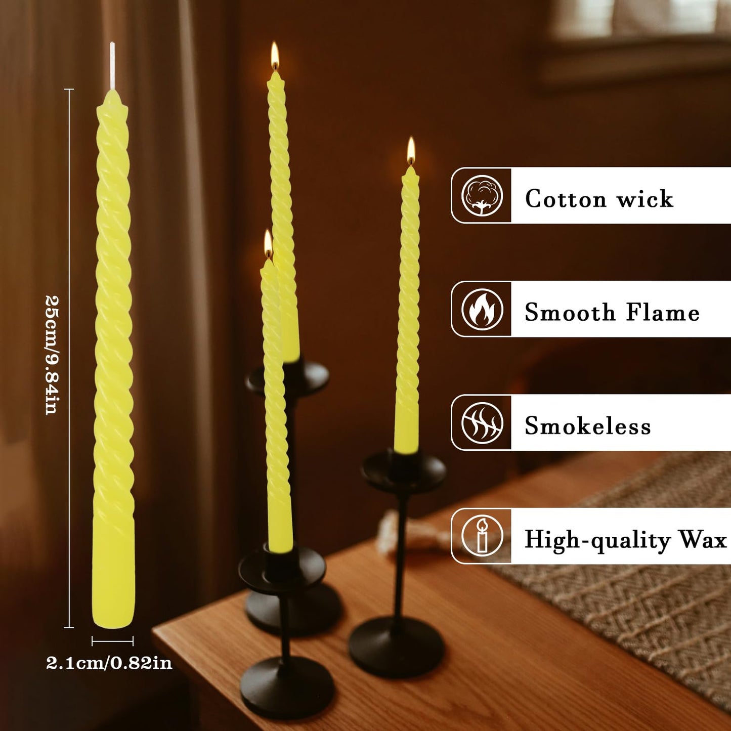 12-Piece Yellow Spiral Wax 10-inch Taper Candles -unscented smokeless, Tear-Free, Long-Lasting Burning Cotton Wick Suitable for Home,Party,Holiday Decorations