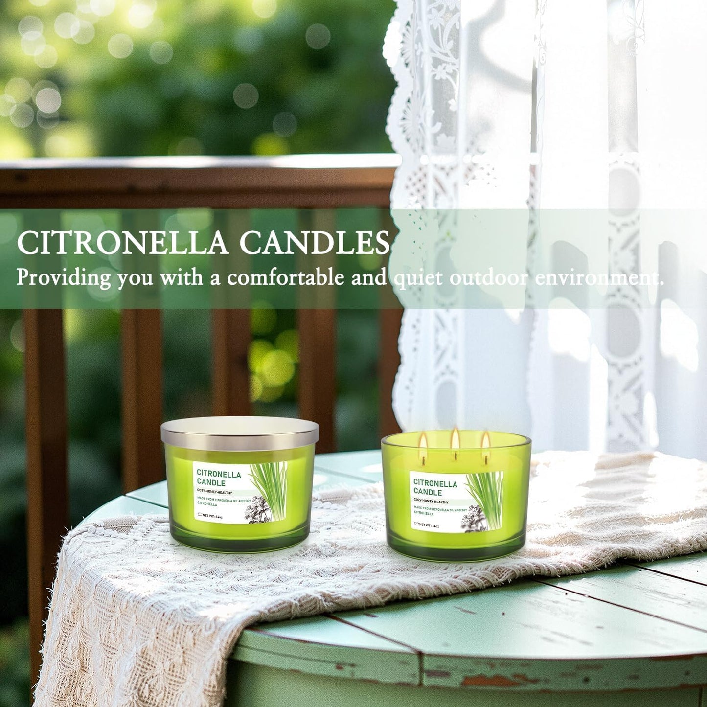 CAKETYCG Set of 2 Green Glass Jars Citronella Oil Candles 14oz Smokeless & Outdoor Candles Perfect for Courtyards, Backyards, Camping, Picnics, and Garden.