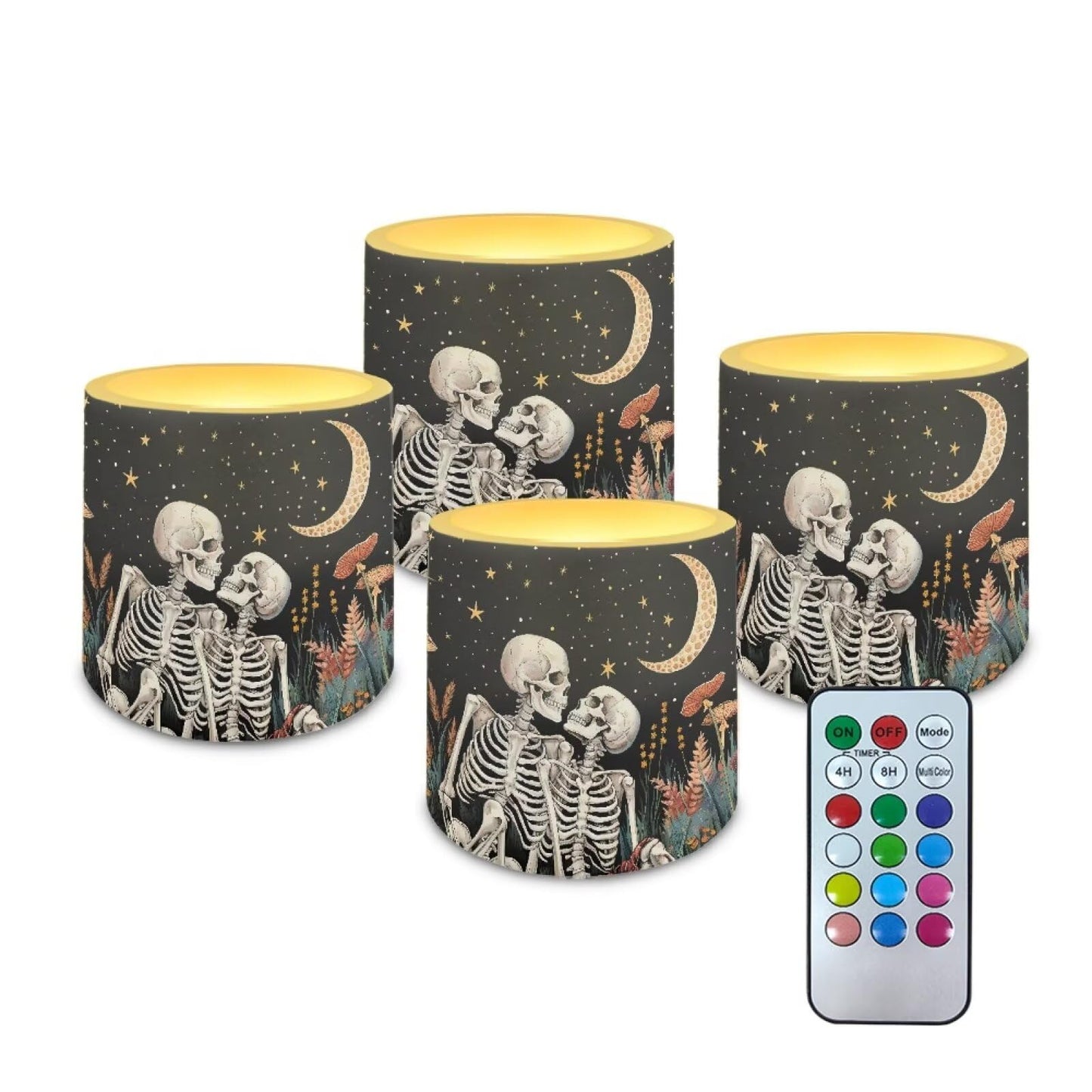 Merkmak Pack of 4 Flameless Candles Battery Operated Candles with Remote and Timer Flickering LED Elictric Pillar Tealights for Indoor Outdoor Decorations, Moon Skeleton