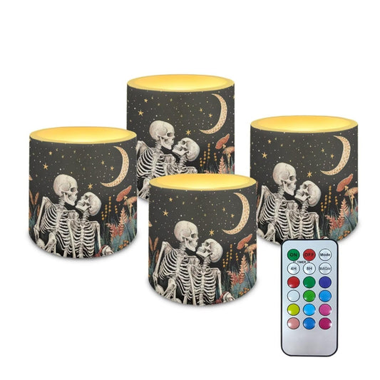 Merkmak Pack of 4 Flameless Candles Battery Operated Candles with Remote and Timer Flickering LED Elictric Pillar Tealights for Indoor Outdoor Decorations, Moon Skeleton