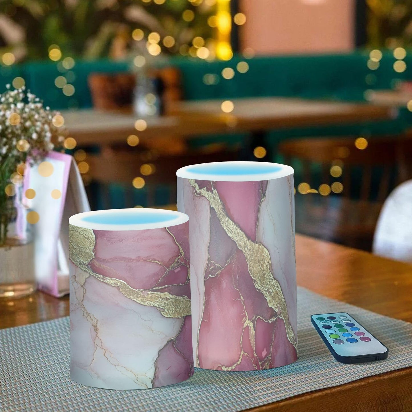 Zathe Flameless Pillar Candle Timer Led Candles for Table Marble Blush Red