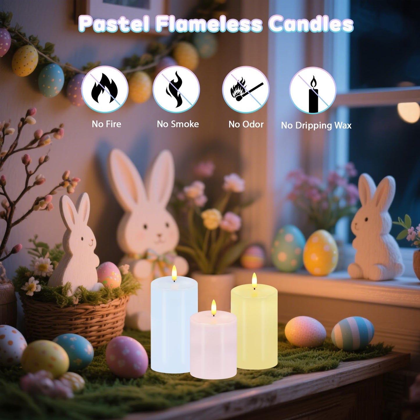 Pastel Flameless Candles, Set of 3 Flickering Easter LED Candles with Remote & Timer, Dimmable Real Wax Electric Pillar Candles Battery Operated, Spring Candles Light for Home Spring Easter Decor