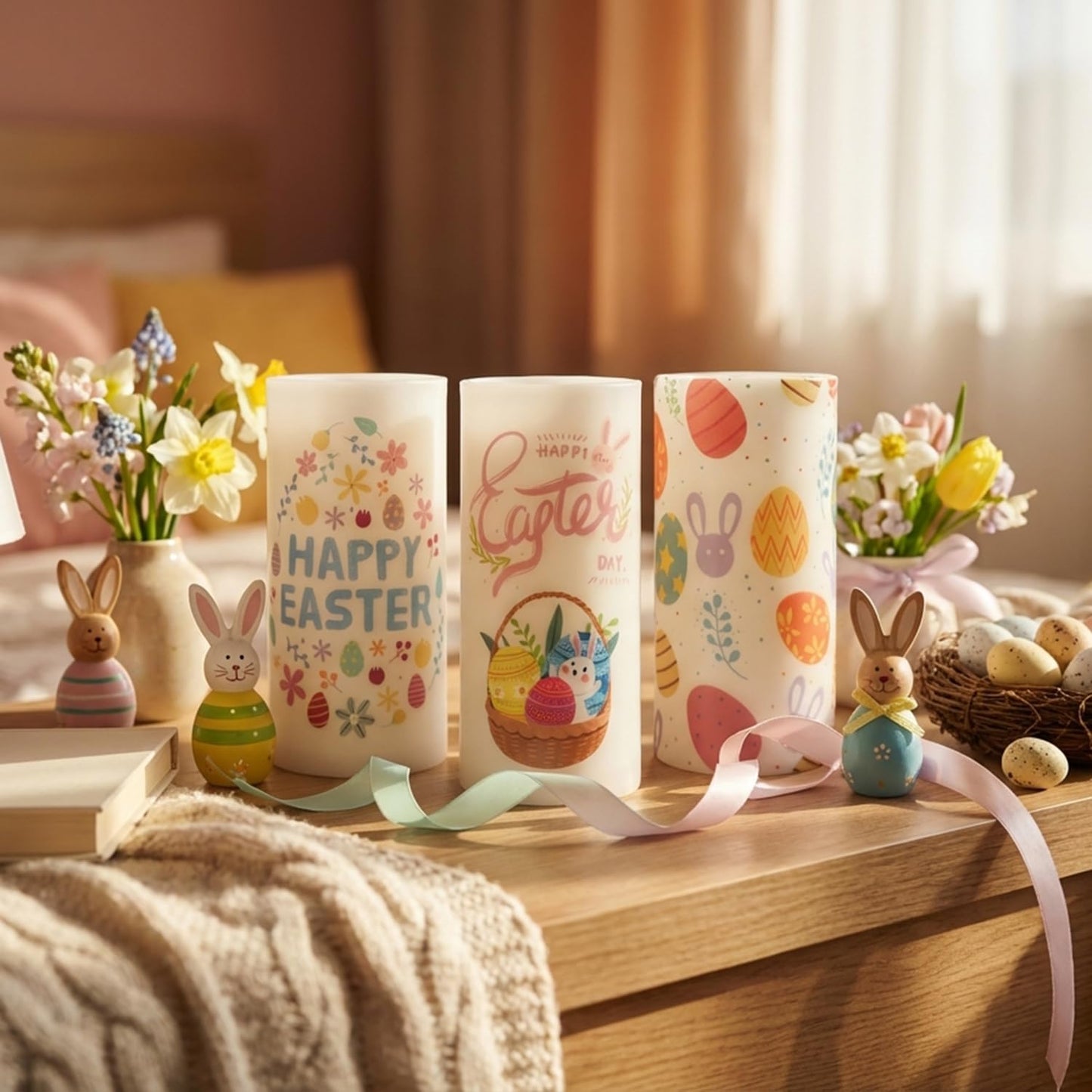 ONEIHOMM 3 Pcs Easter Flameless Candles,Battery Operated Candle, Rabbit Egg Design with Timer Remote, Happy Easter Day Gift for Bedroom Living Room Decor Farmhouse