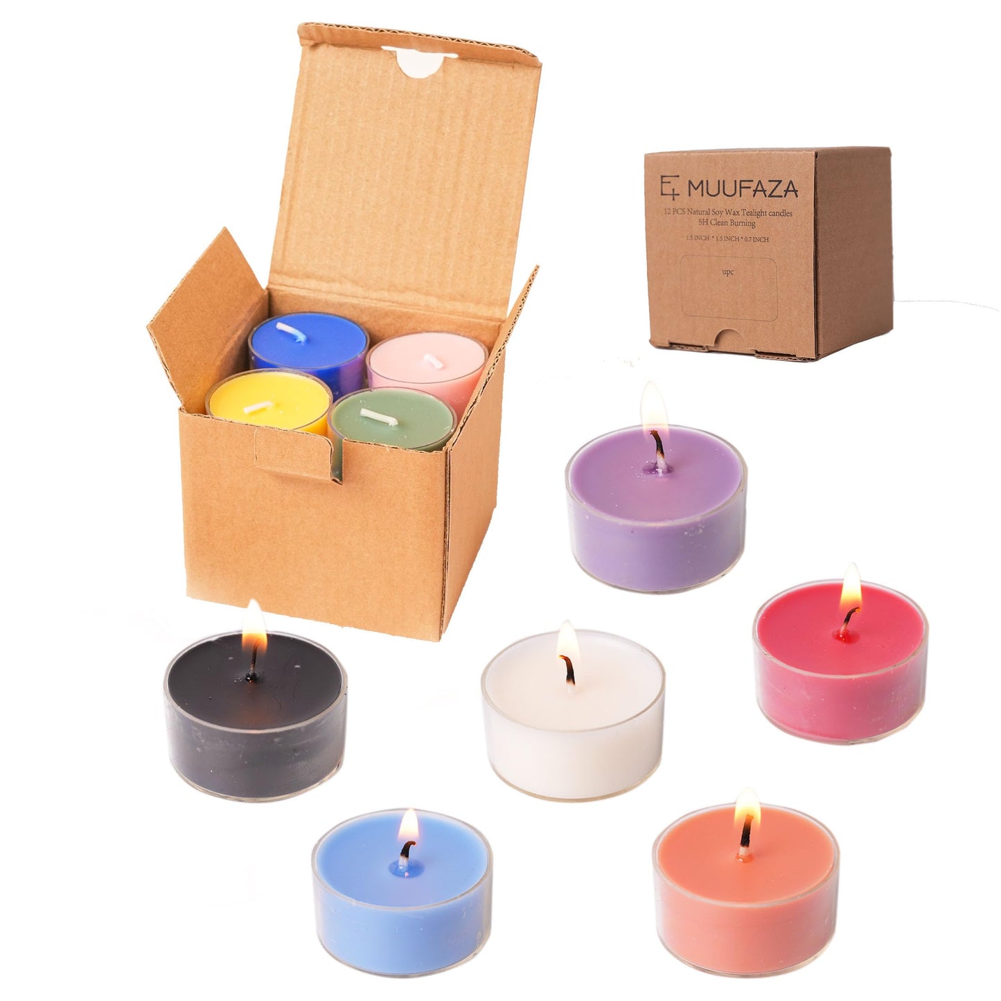 MUUFAZA 12 Unscented Natural Soy Tealight Candles in Clear Cups, 5H Long Clean Burning, Hand-Poured Coloful Mini Tea Candle Set for Parties, Spa, Meditation, Gift, Holiday, Emergency, Home Decor