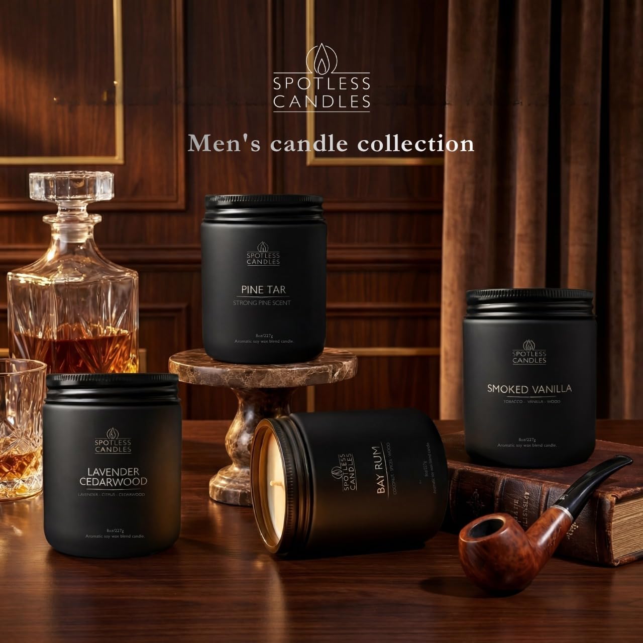 Men's Candle Gift Set; 4 x 8oz Scented Candles; Bay Rum, Pine Tar, Smoked Vanilla, Lavender Cedarwood; 200 Hours Burn Time; Matte Black Glass Jars; Premium Black Gift Box by Spotless Candles