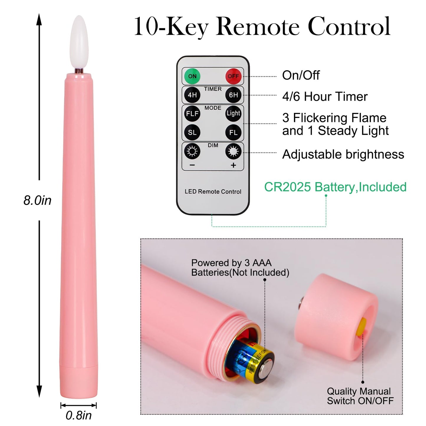 FREEPOWER Pink LED Taper Candles with Remote Flameless Battery Operated Window Candles with 3D Black Wick& Cycle Timer for Table Centerpieces, Christmas and Home Decor, Pack of 6