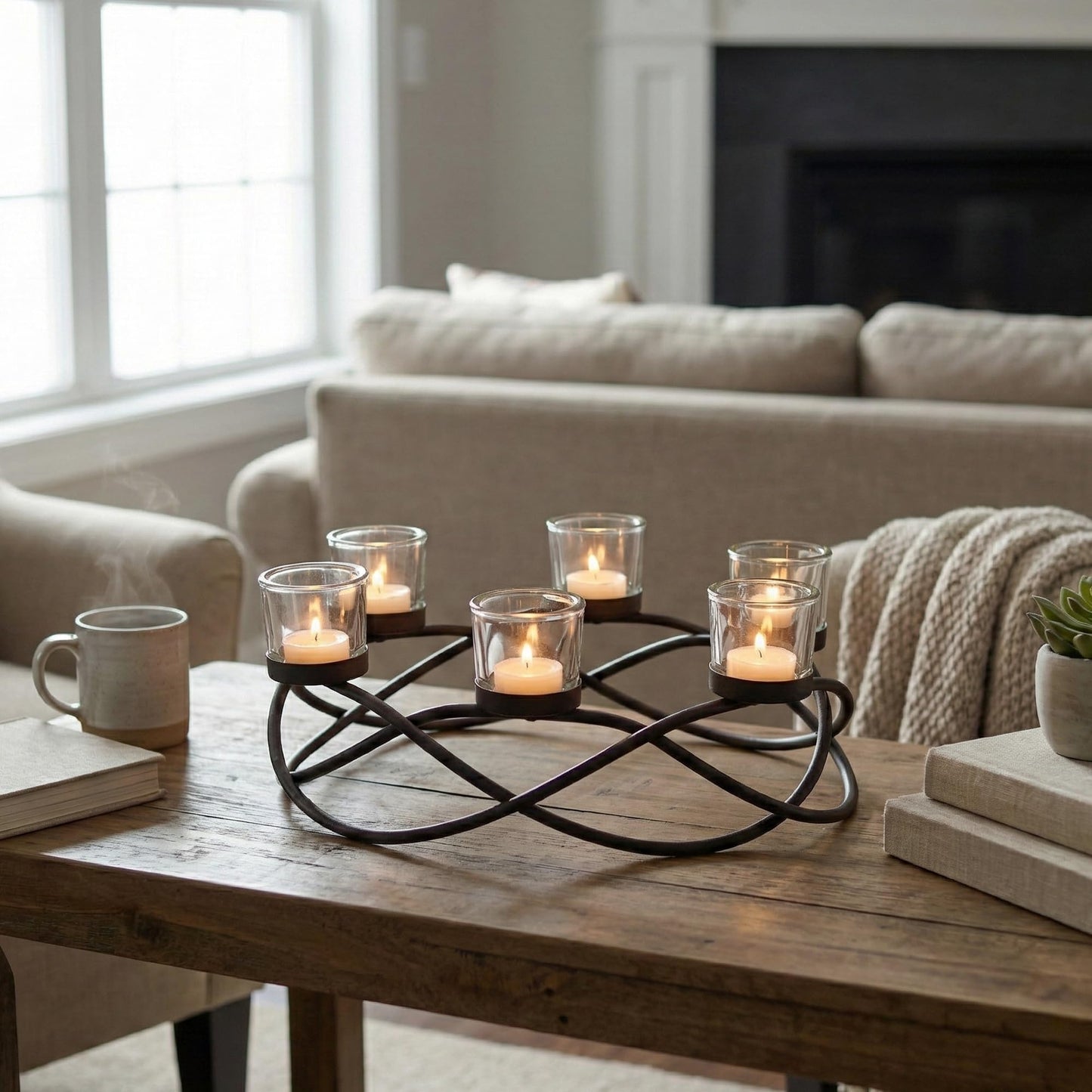 Seraphic Centerpieces for Table Decorations - Oval Candle Holders for Outdoor Patio, Dining, Kitchen, Coffee & Wedding Table Decor, Black Iron Candelabra, 6 Thick Clear Glass Tealight Cups
