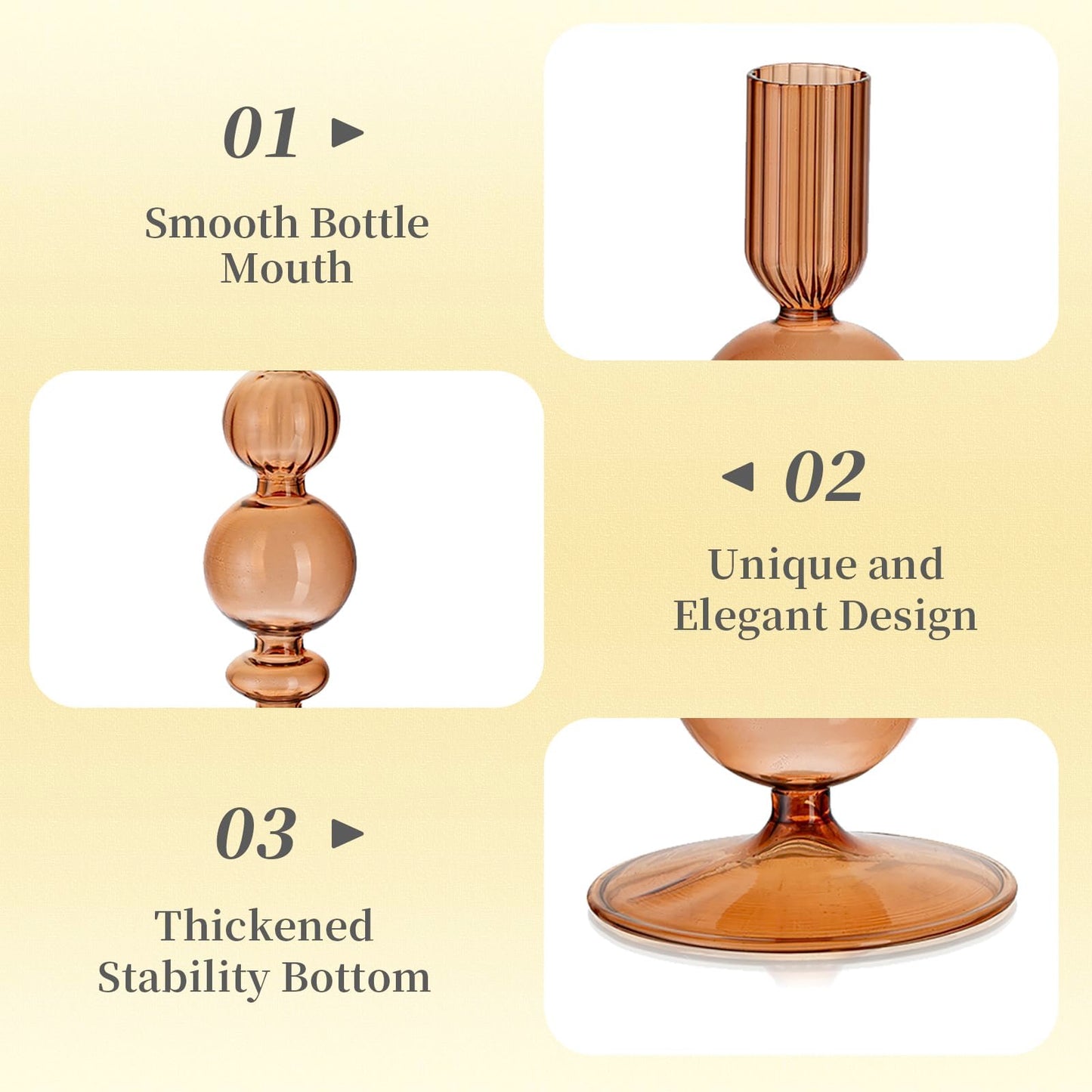 Hewory Glass Candlestick Holders Set: 3PCS Brown Candle Holder Taper Candle Holders Bulk, Crystal Ribbed Candle Sticks Holder Decor for Table Centerpiece Wedding Christmas Thanksgiving Dinner