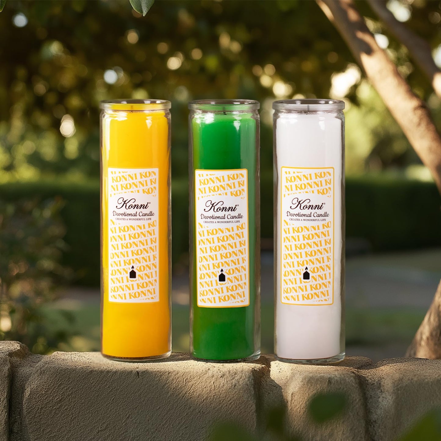 KONNI 2x8 Inch Yellow Pillar Candles in Glass Set of 3, Devotional Prayer Candle, Unscented Religious Candles, 105 Hours Emergency Long Burning, Ideal for Memorials, Vigil, Blessing