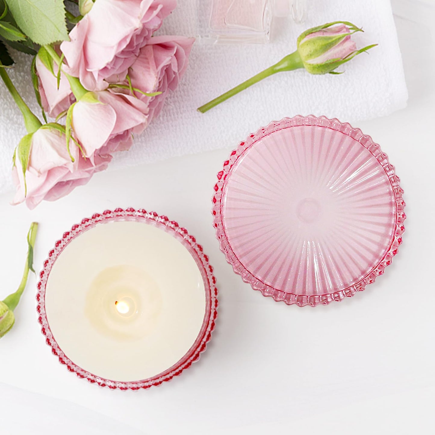 CHOCSTAY Glass Pillar Candle Holder, 4" Pink Candle Plates Set of 6, Glass Candle Holders for Wedding, Party, Holiday, Home Decor, Table Centerpiece