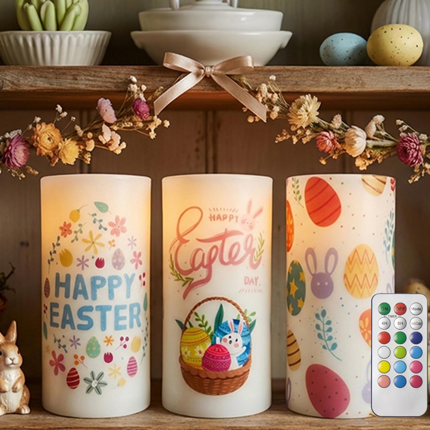 ONEIHOMM 3 Pcs Easter Flameless Candles,Battery Operated Candle, Rabbit Egg Design with Timer Remote, Happy Easter Day Gift for Bedroom Living Room Decor Farmhouse