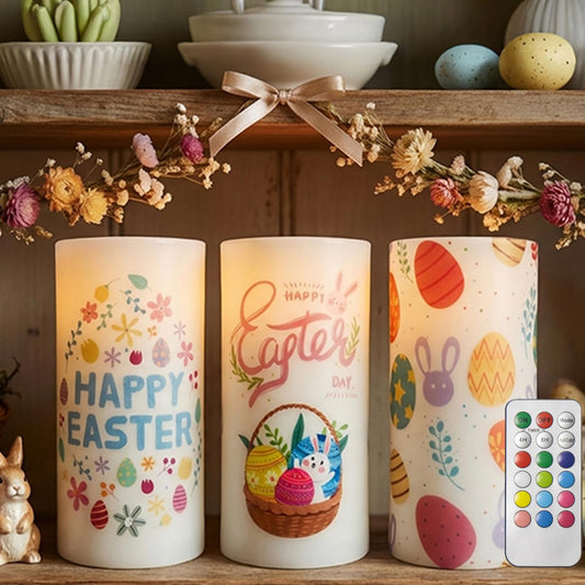 ONEIHOMM 3 Pcs Easter Flameless Candles,Battery Operated Candle, Rabbit Egg Design with Timer Remote, Happy Easter Day Gift for Bedroom Living Room Decor Farmhouse