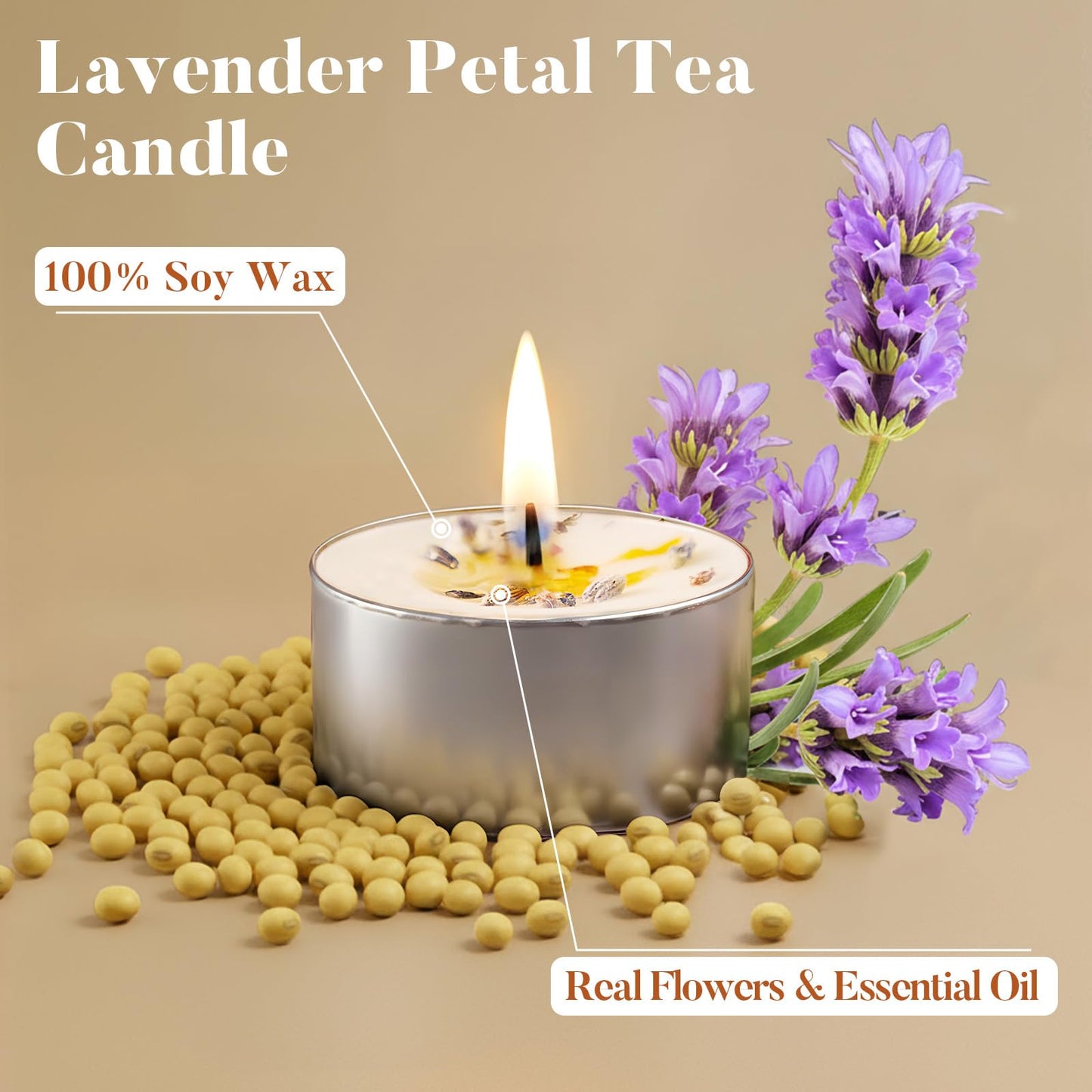 16 Pack Lavender Tealight Candles with Real Dried Petals, Natural Soy Wax, 6-Hour Burn Time for Home, Wedding, Bath Decor