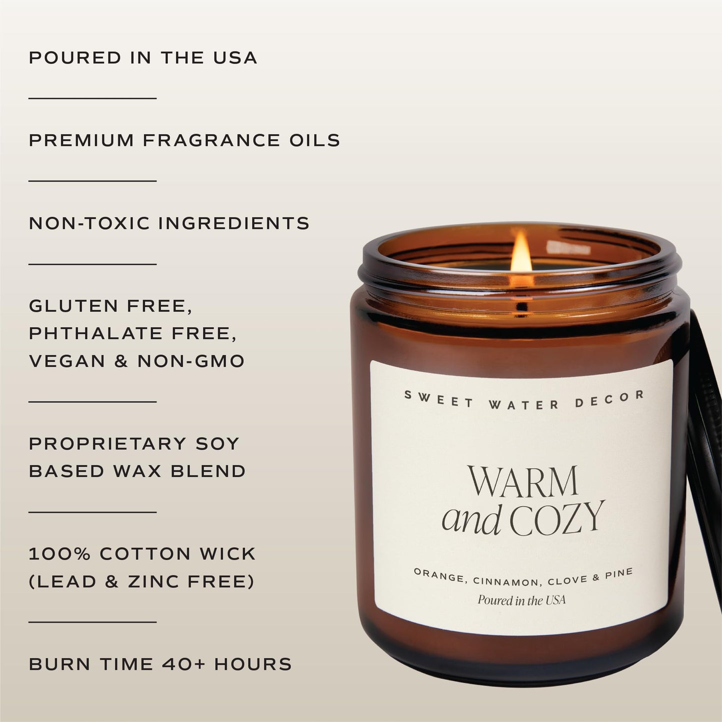 Sweet Water Decor Warm and Cozy Soy Candle - Orange Peel, Cinnamon, Ginger and Clove Scented Candles for Home - 9oz Amber Jar + Black Lid, 40+ Hour Burn Time, Made in the USA