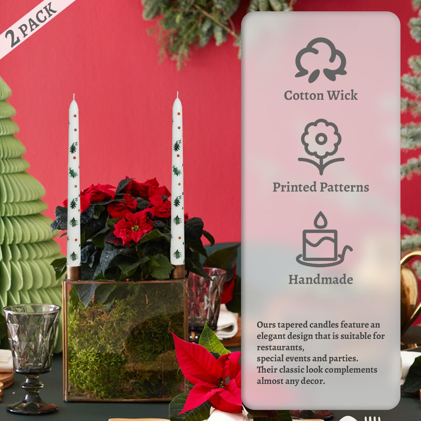 Floral Taper Candles 10 Inch Tall Unscented Handmade Small Christmas Trees Print Candles Long Burning Elegant Candlesticks for Christmas Decor Gifts