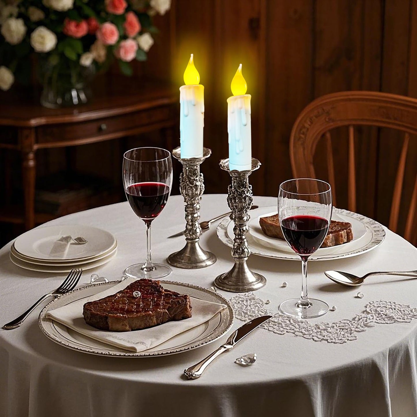 Flameless Short Taper Candles Battery Operated with Timer,4.75 Inch White LED Candlesticks Flickering Dinner Candle for Christmas Halloween Decorations,Set of 2 PCS