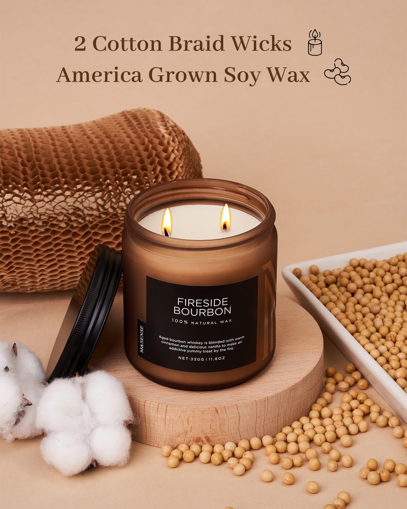 M&SENSE Fireside Bourbon Candles Home Scented, Non Toxic Soy Wax 11.6oz 70 Hours Long Clean Burning, 2 Wick Campfire Candle Cozy Winter Home Decor, Housewarming Gifts for Women Men