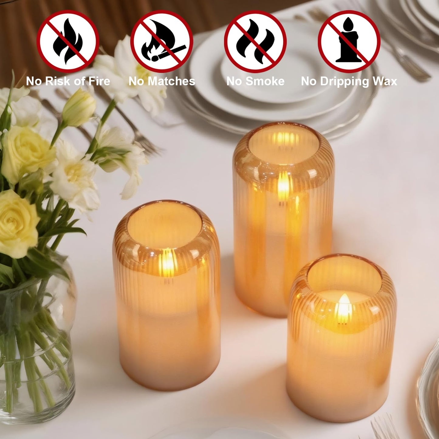 DRomance Glass Flameless Candles with Remote and Timer Battery Operated 3 Pack Real Wax Striped Gold LED Flickering Pillar Candles Dinner Wedding Halloween Christmas Holiday Decor(3" D x 4",5",6" H)