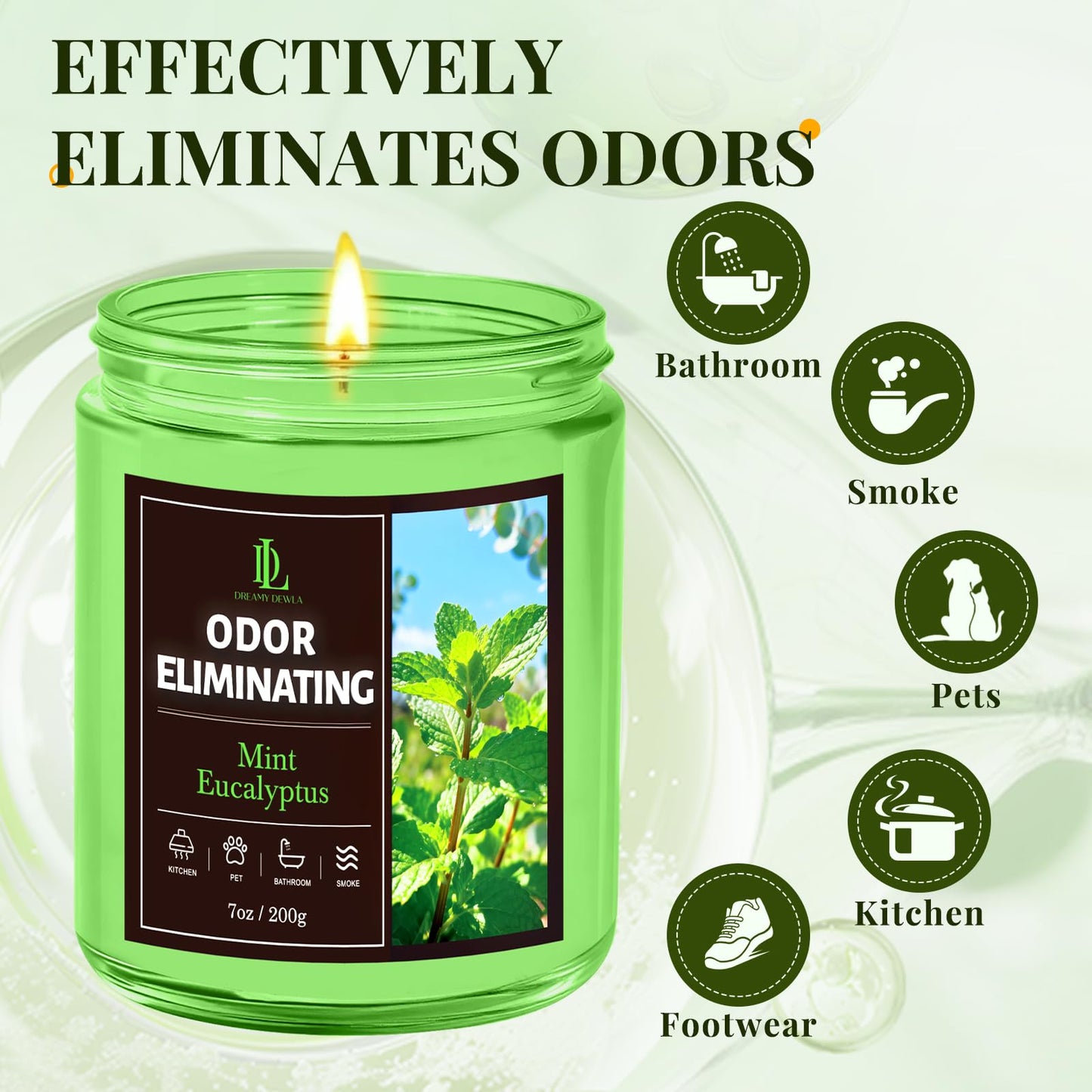 Mint Eucalyptus Odor Eliminating Highly Fragranced Candle, Eliminates 95% of Bathroom & Pet Odors Quickly, Air Freshing Scented Candles, Soy Candle Gifts for Women Men, 7oz
